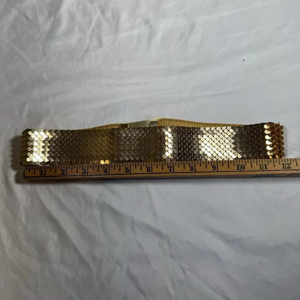 Vintage Gold Tone Metal Snake Skin Stretch Belt Floral Buckle Disco Mod Boho